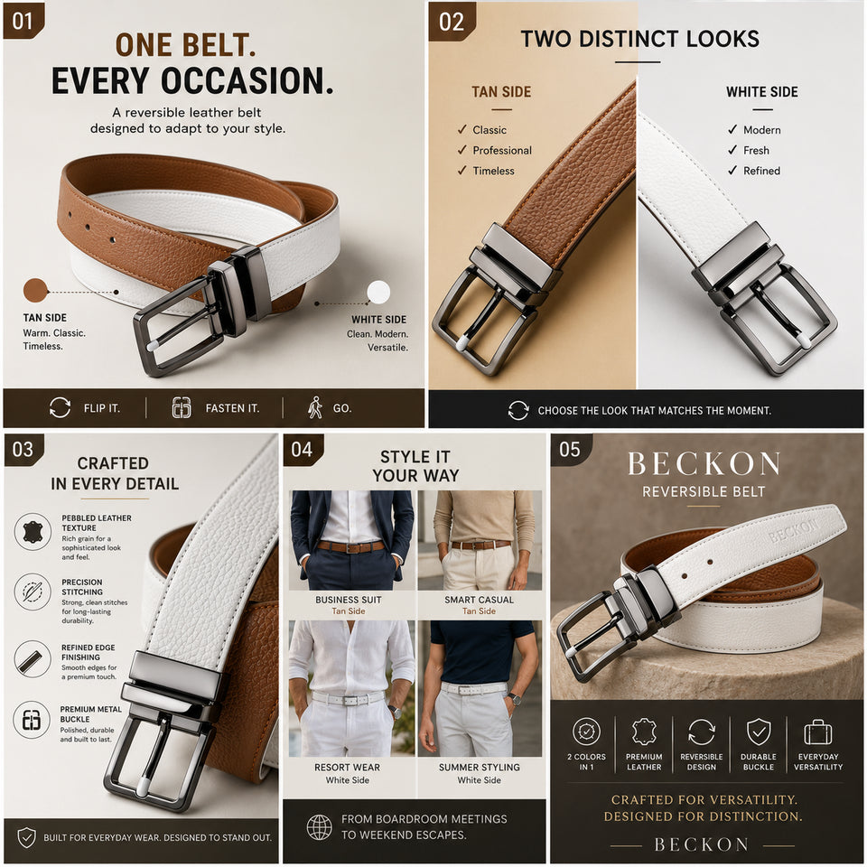 BECKON Fusion Reversible Leather Belt for Men | 2 Colors in 1 Design