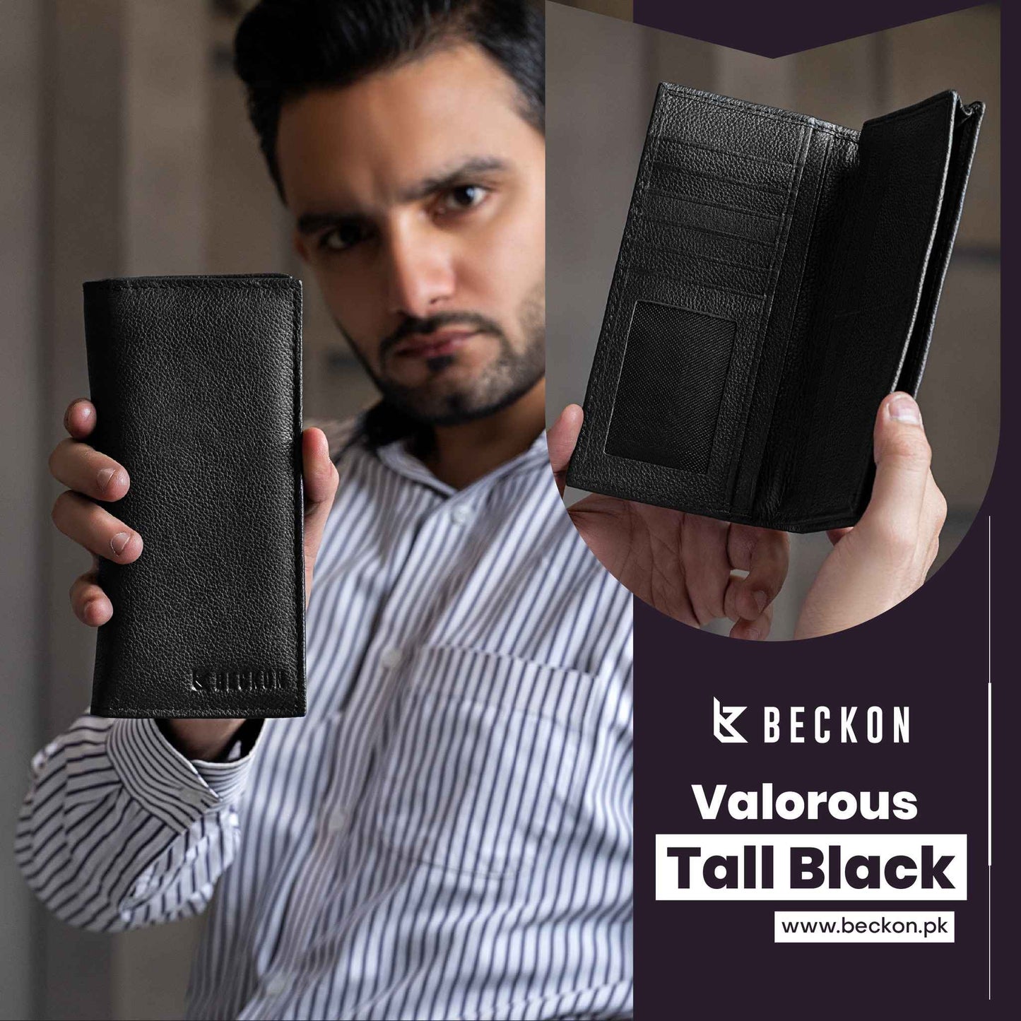 Valorous Tall Elite Black Genuine Leather Long Wallet | 12 Card Slots, Cash & Zipper Pockets