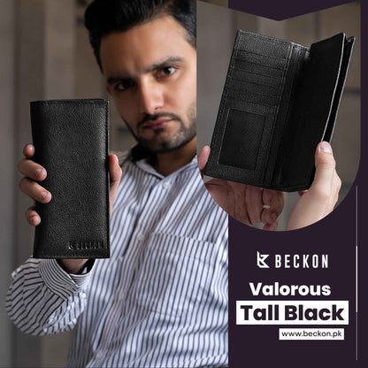 Valorous Tall Elite Black Genuine Leather Long Wallet | 12 Card Slots, Cash & Zipper Pockets
