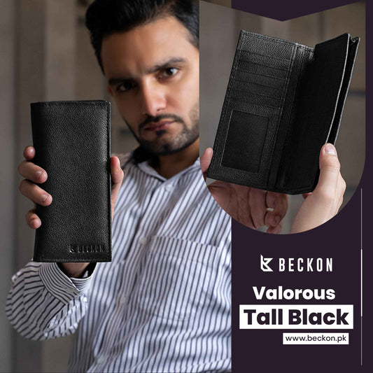 Valorous Tall Elite Black Genuine Leather Long Wallet | 12 Card Slots, Cash & Zipper Pockets