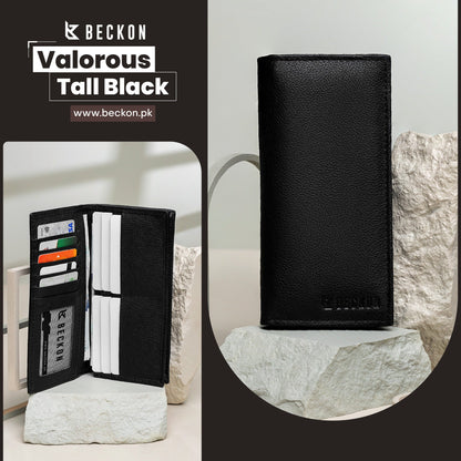 Valorous Tall Elite Black Genuine Leather Long Wallet | 12 Card Slots, Cash & Zipper Pockets
