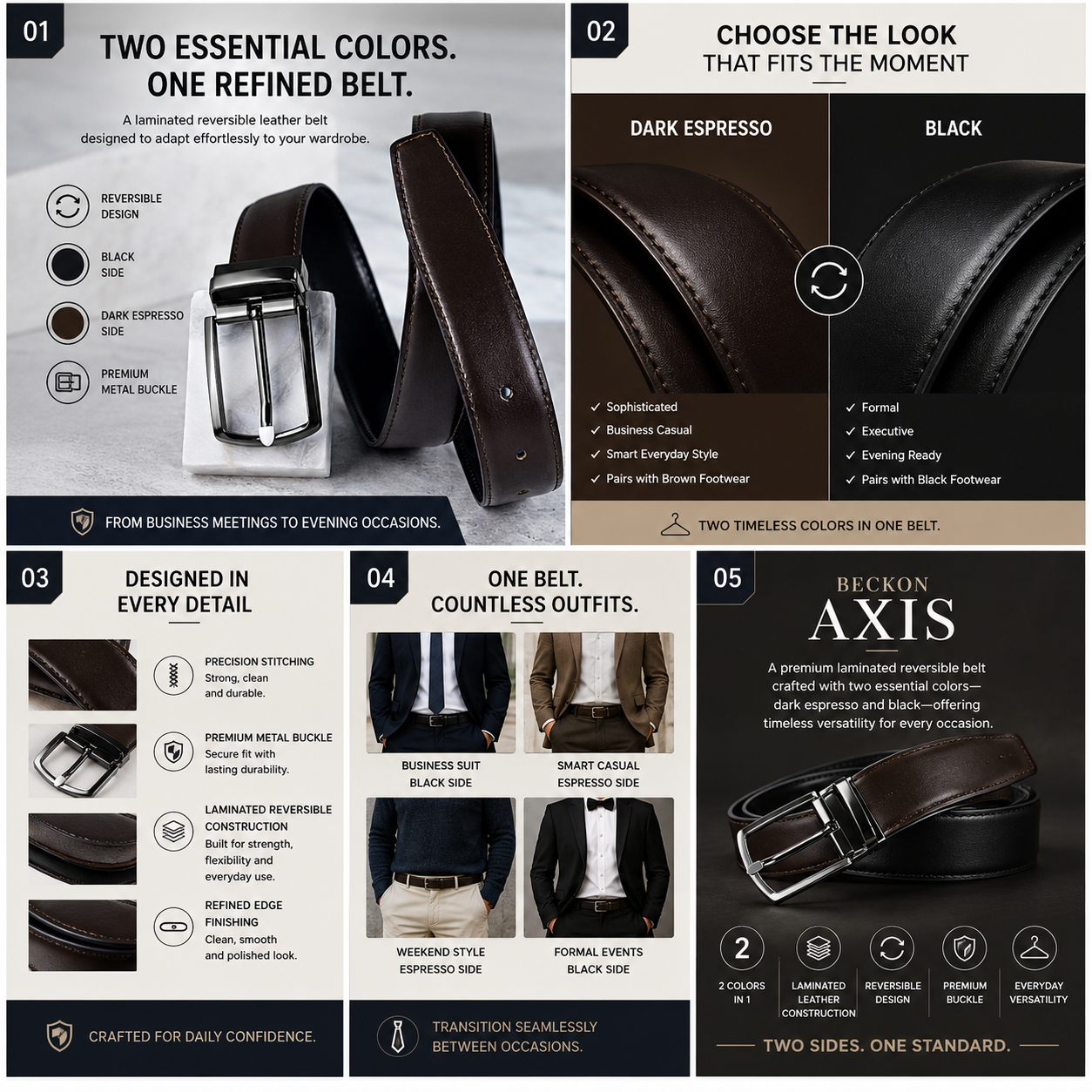BECKON Axis Reversible Leather Belt for Men | Black & Dark Espresso