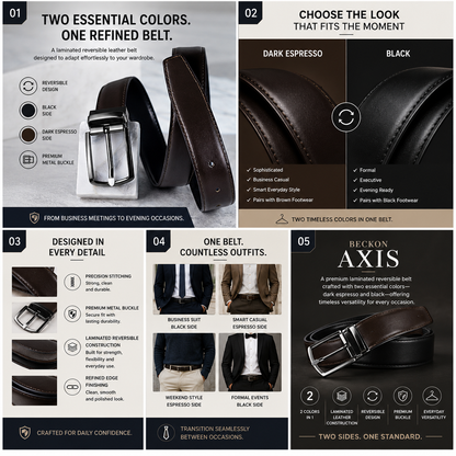 BECKON Axis Reversible Leather Belt for Men | Black & Dark Espresso